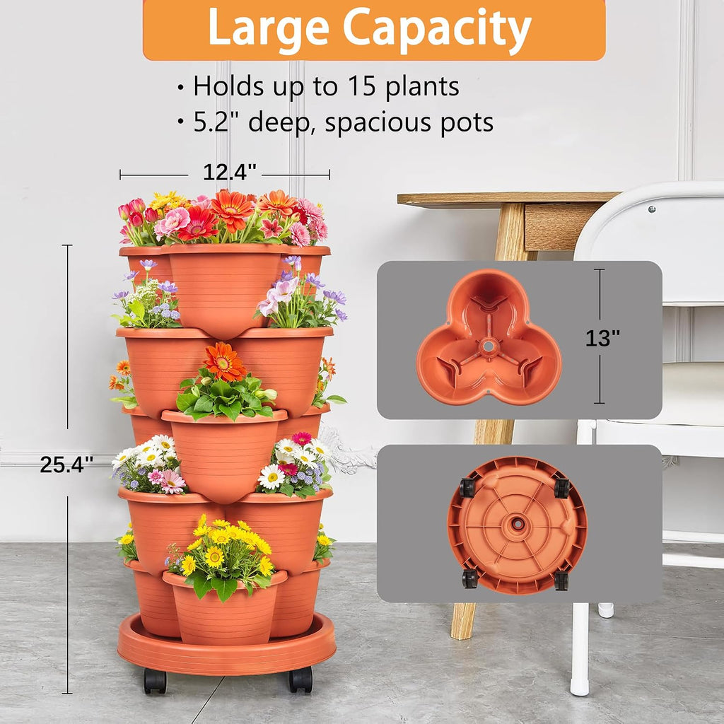 VECELO 5 Tier Vertical Garden Planter, Self Watering Stackable Planters with Wheels for Strawberries, Herbs, Flowers