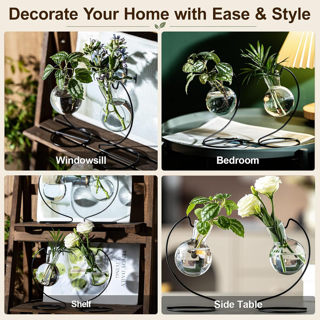 Desktop Glass Plant Propagation Station with Metal Stand, Tabletop Plant Terrarium,Hydroponics Vase for Propagating