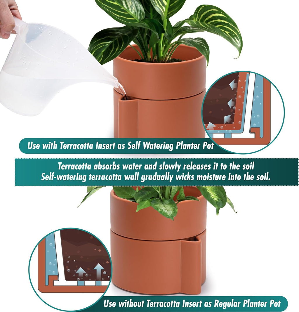8 Inch Self-Watering Planter Pot with Terracotta Insert, Deep Water Reservoir, and Ceramic-Alike BPA-Free Plastic