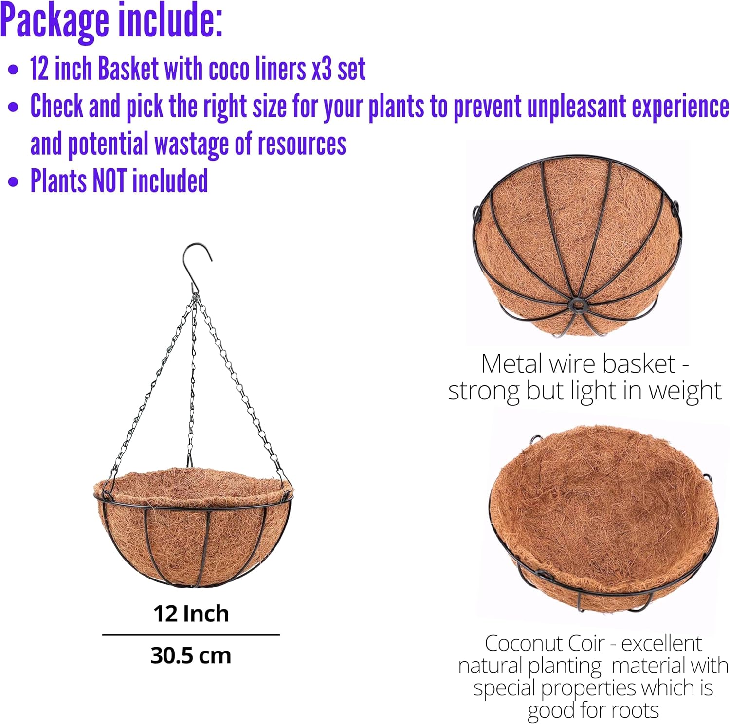 LaLaGreen Hanging Planters with Coco Liners (12 Inch, 3 Pack) Hanging Baskets for Plant Outdoor, Hanging Plant Pot