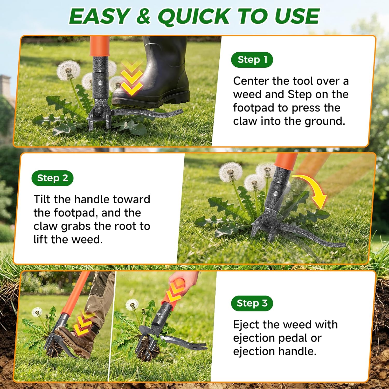 Stand Up Weed Puller Tool, 4-Claw Steel Head Deep Root Extractor with Dual-Eject Design, Real Bamboo Long Handle &