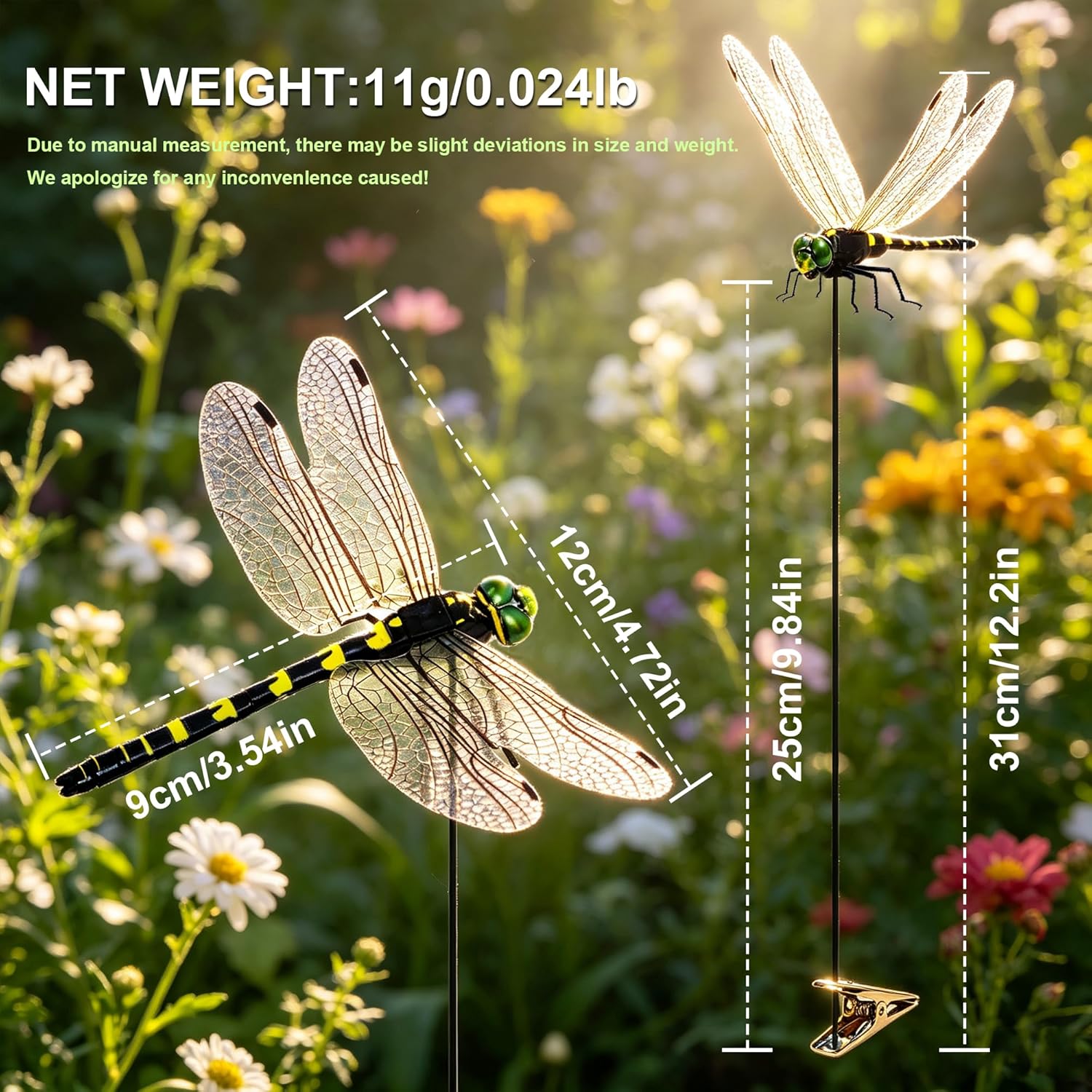 12 Pack 3D Dragonfly Clips, Fake Dragonflies with Stakes, Realistic Plastic Dragonfly Garden Decorations, Fly Deterrent