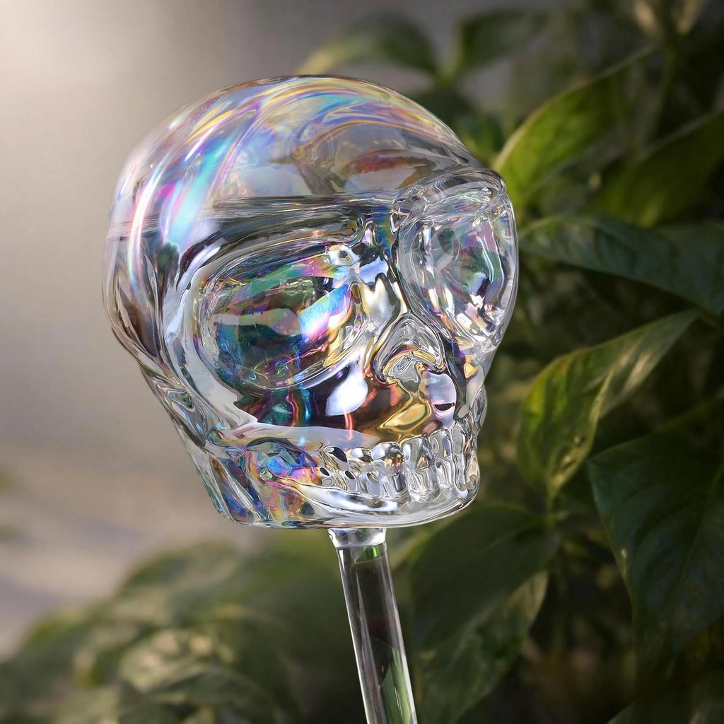 Soilagua 10 oz Smiling Cute Skull Glass Plant Watering Globes, Halloween Goth Iridescent Clear Water Bulbs, Gothic