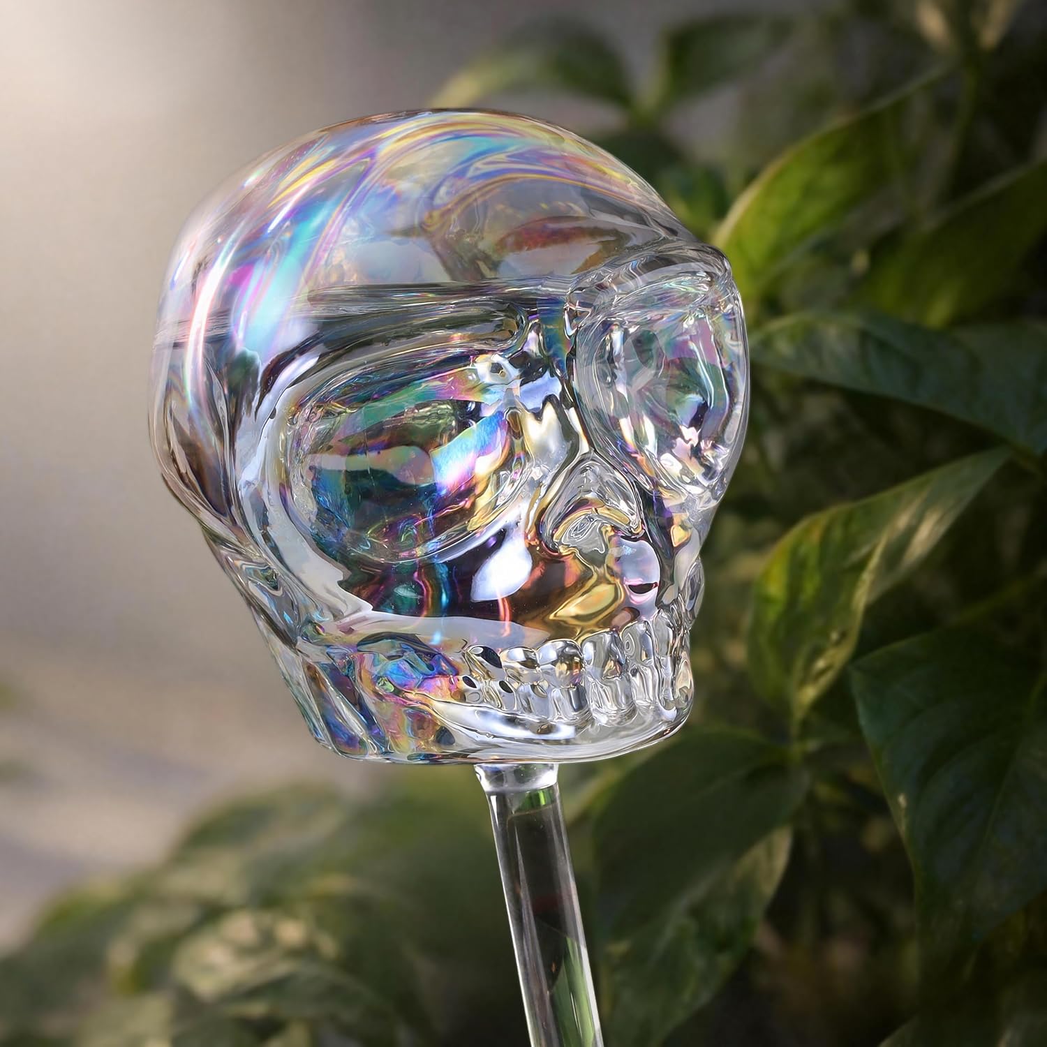 Soilagua 10 oz Smiling Cute Skull Glass Plant Watering Globes, Halloween Goth Iridescent Clear Water Bulbs, Gothic