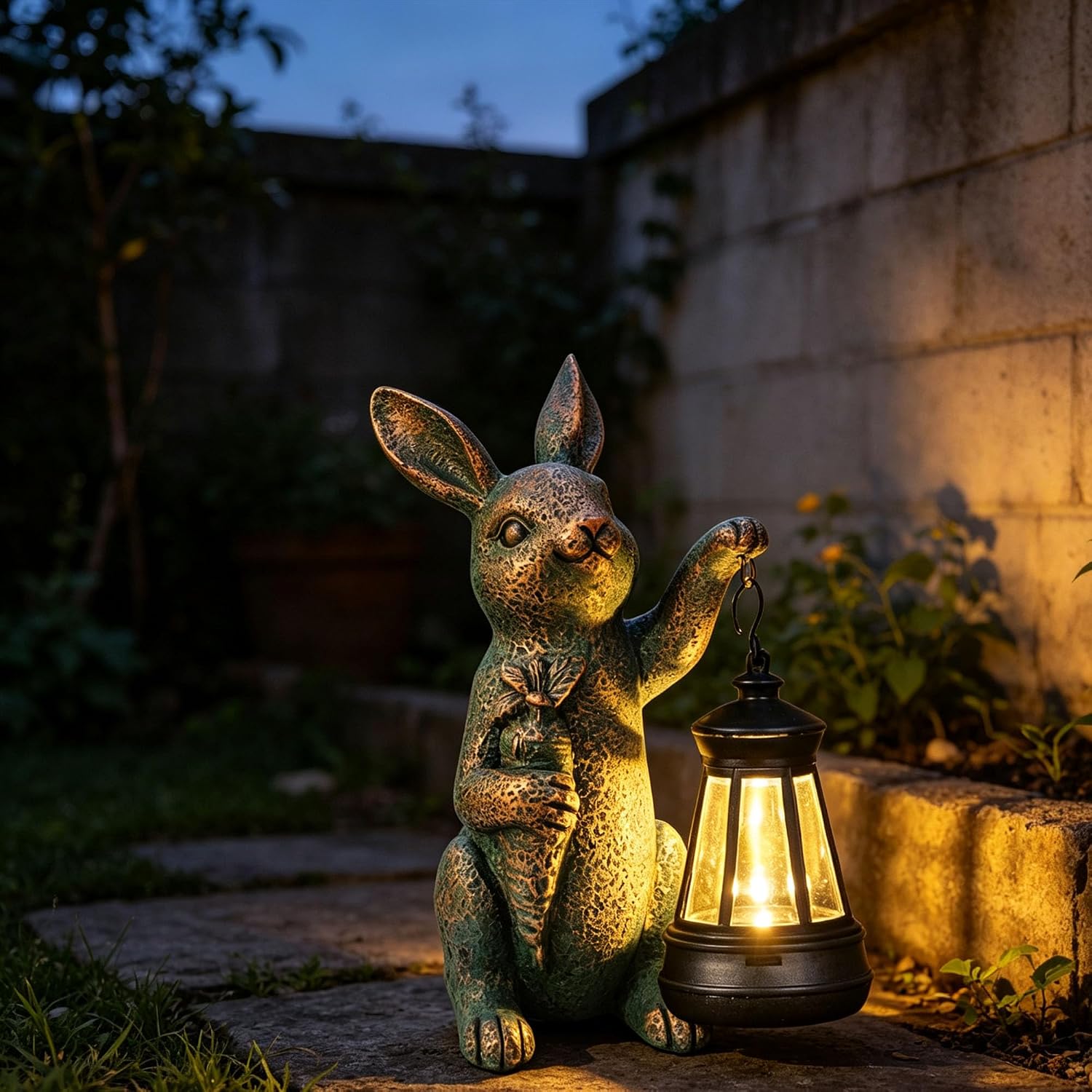 Solar Garden Statues -Rabbit Lantern Outdoor Handmade Resin Statue with LED Light, Cute Carrot Holder for Patio, Yard