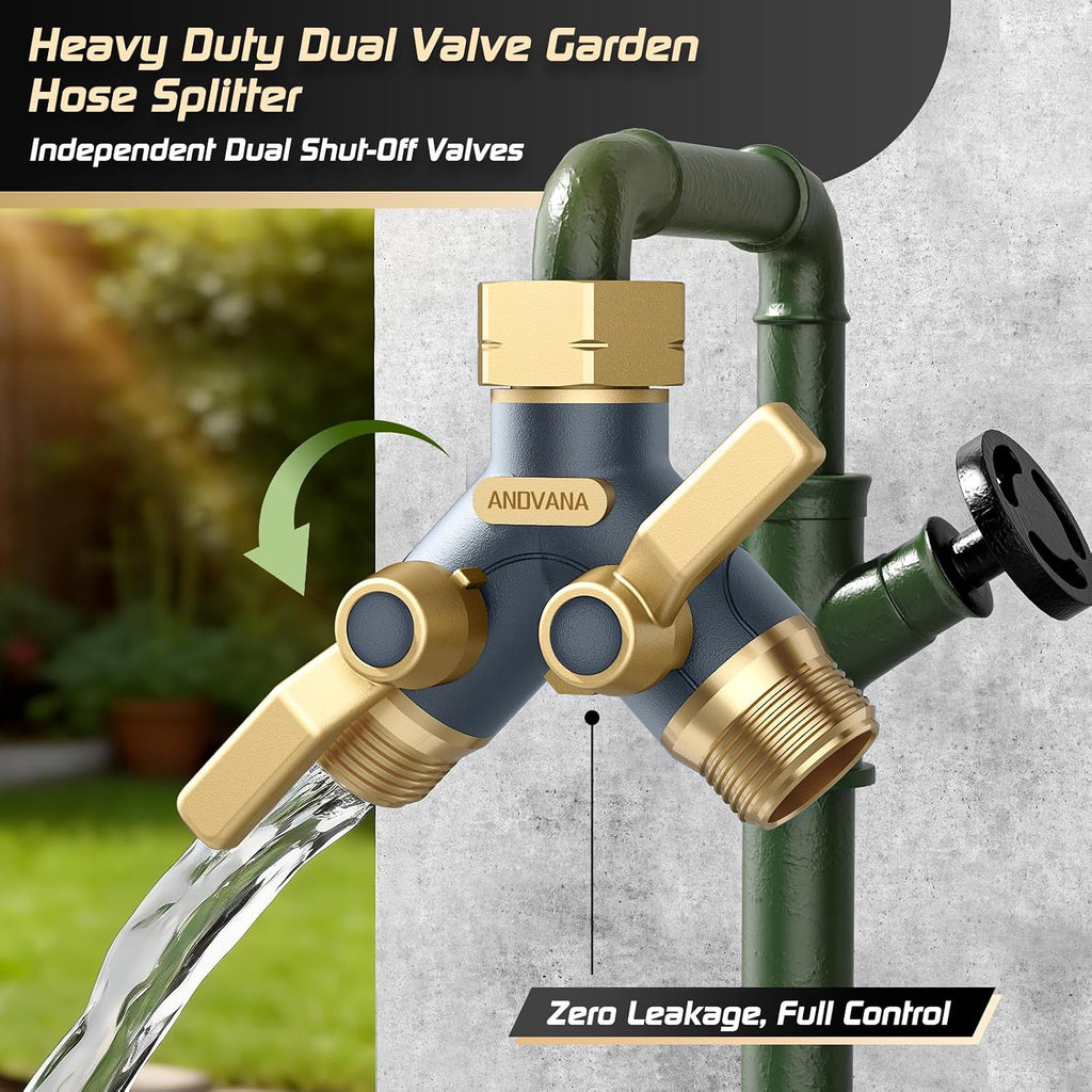 Hose Splitter 2 Way Heavy Duty, Garden Hose Splitter- Full Metal Body Y Type with Dual Shut Off Valves, 3/4" Standard