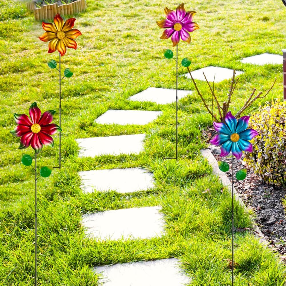 DREAMYSOUL 4 Packs Metal Flowers Wind Spinners Outdoor, Gradient Petals Metal Pinwheel for Yard and Garden Decor