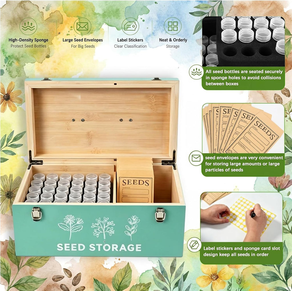 60 Slots Seed Storage Organizer, Bamboo Seed Box with Lid and Safety Locks | Bamboo, Strong Seal, Completely Blocks
