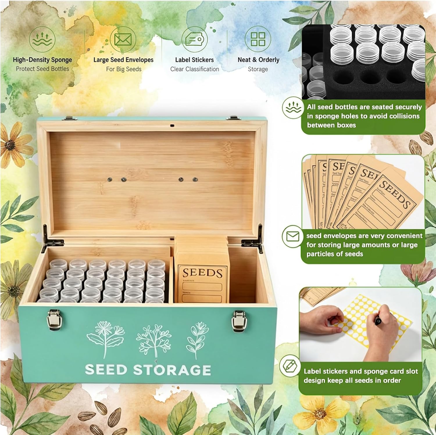 60 Slots Seed Storage Organizer, Bamboo Seed Box with Lid and Safety Locks | Bamboo, Strong Seal, Completely Blocks