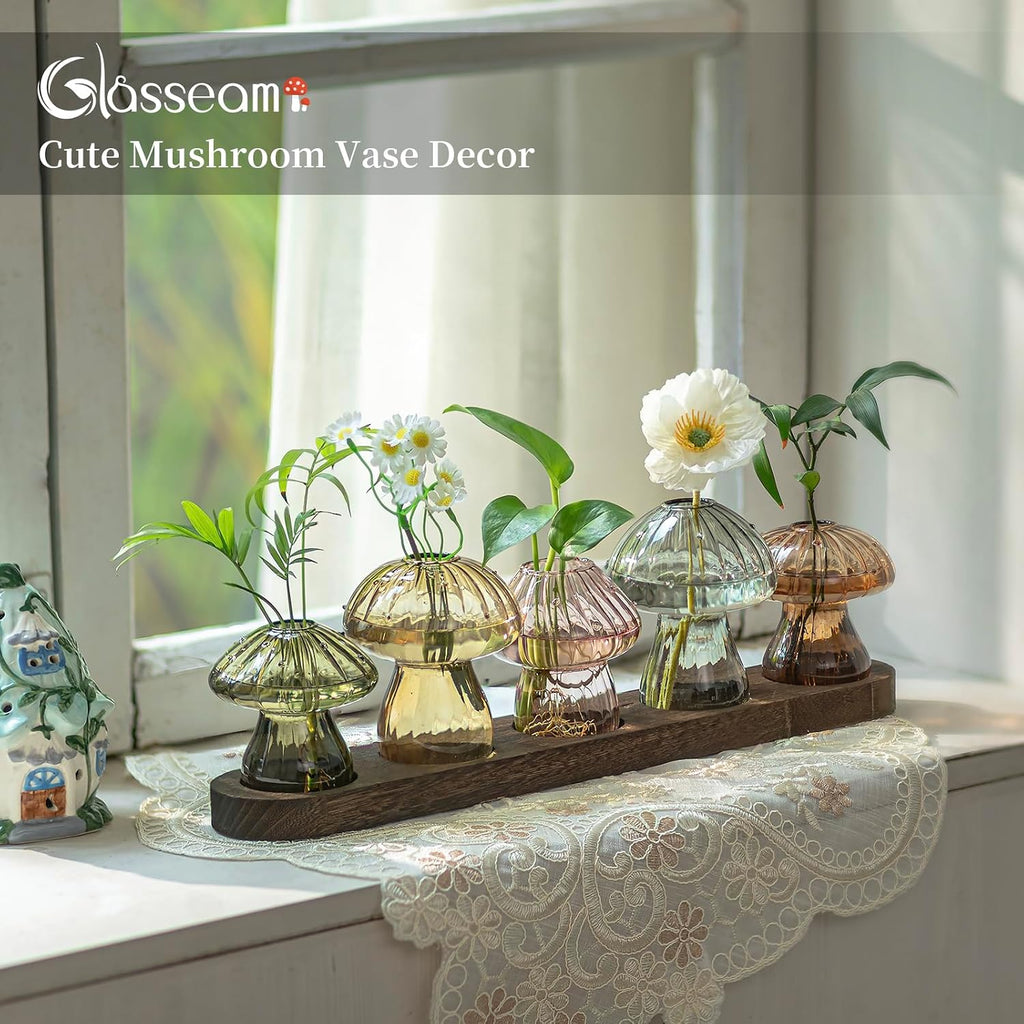 Glasseam 5 Pcs Mushroom Propagation Station: Glass Terrarium Jar for Plants | With Wood Stand, Fall Colored, Handmade