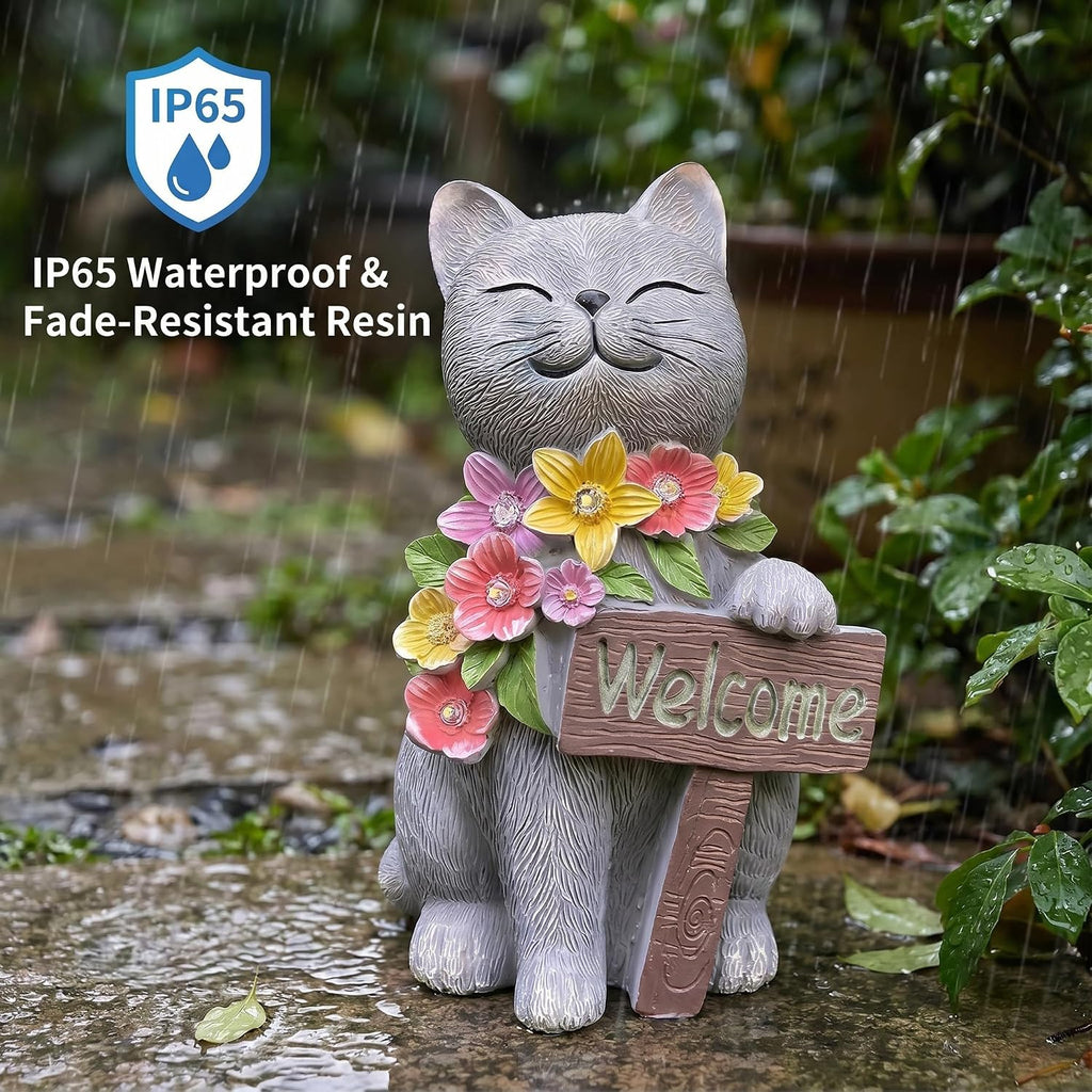 Solar Cat Garden Statue for Outdoor Decor, Cat Solar Light | Resin Welcome Cat with Flowers for Garden, Yard, Lawn