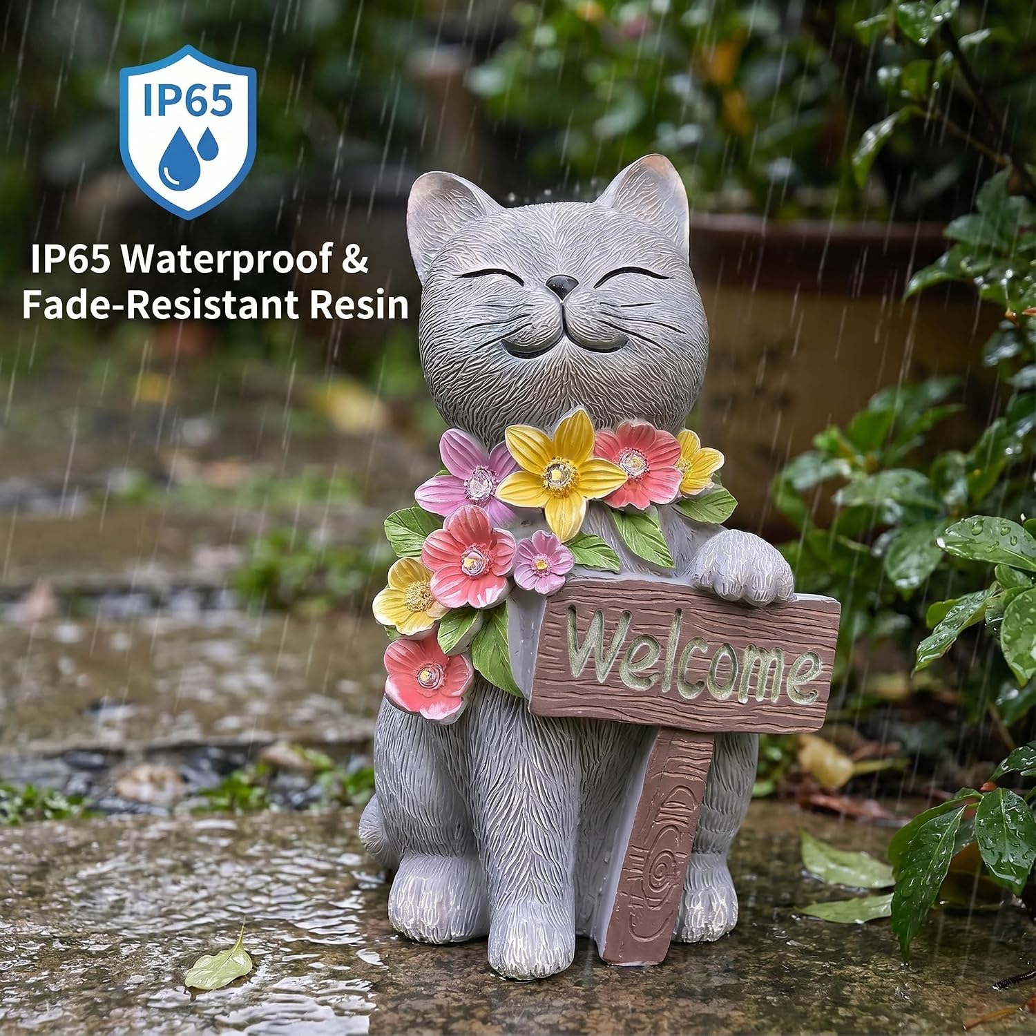 Solar Cat Garden Statue for Outdoor Decor, Cat Solar Light | Resin Welcome Cat with Flowers for Garden, Yard, Lawn