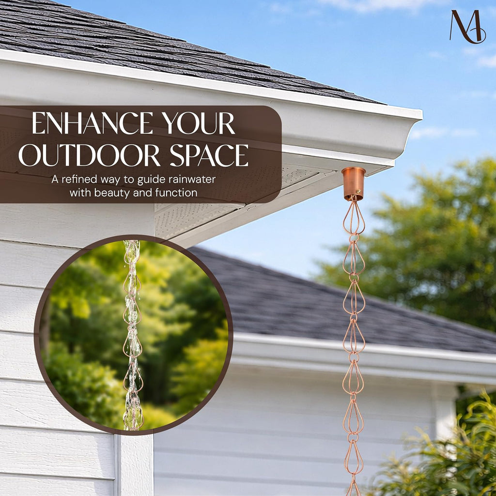 Monarch Rain Chains Pure Copper Teardrop Rain Chains for Gutters – 8.5 ft Decorative Rainchain Outdoor Durable Heavy