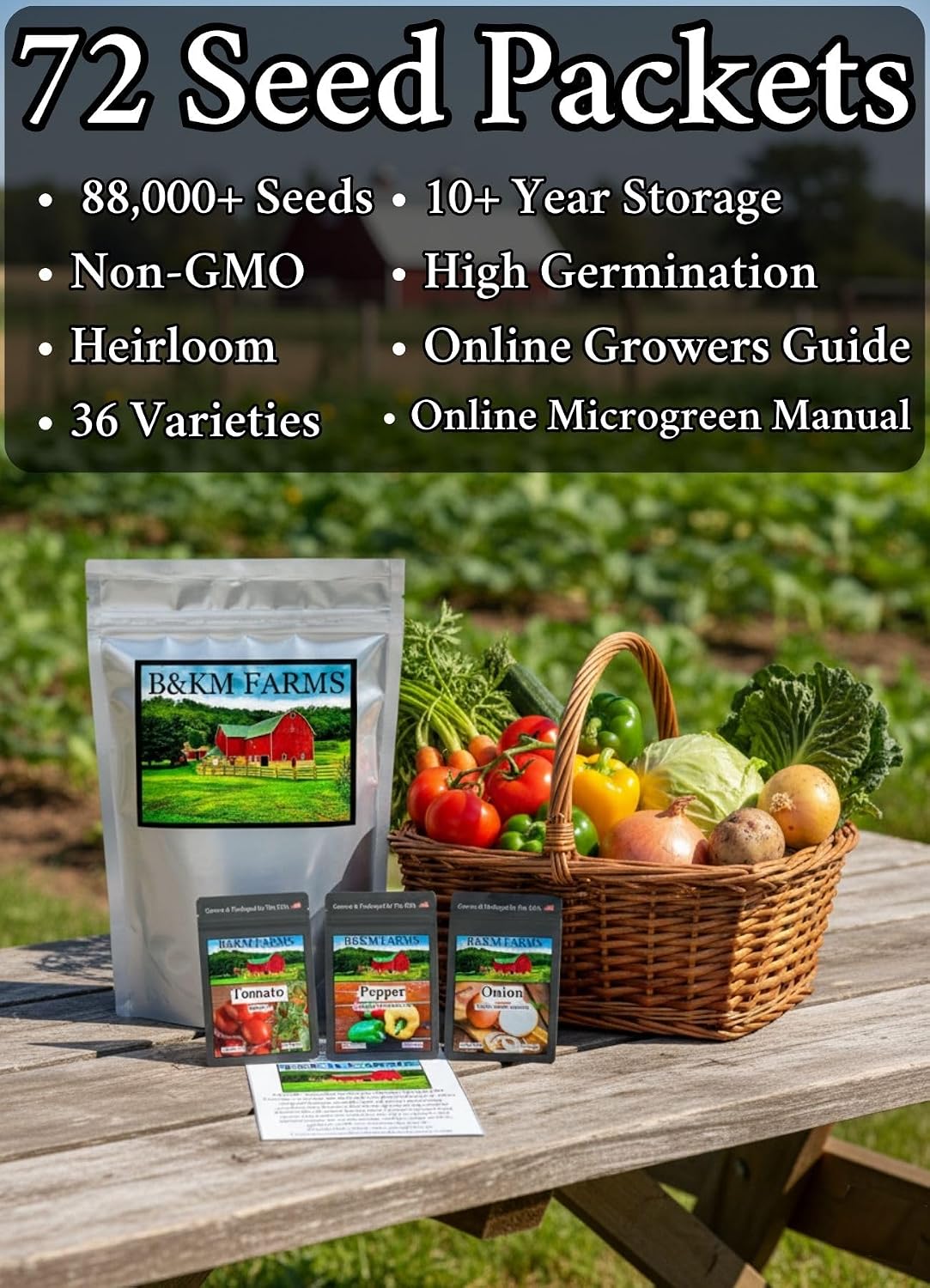 B&KM Farms Vegetable Seed Collection - 36 Varieties, 72 Packets, 80,000+ Heirloom Non-GMO Seeds, Resealable Storage