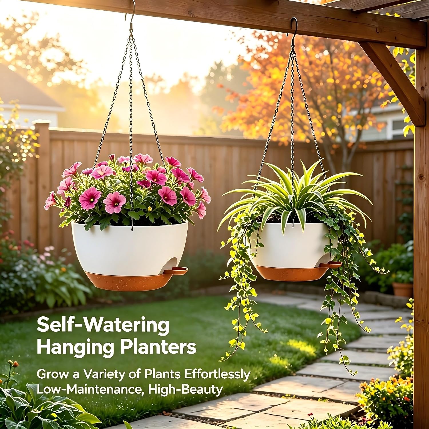 12 Inch Self Watering Hanging Planters 2 Pack, White Brown | Plastic planters with drainage holes and saucers. Suitable