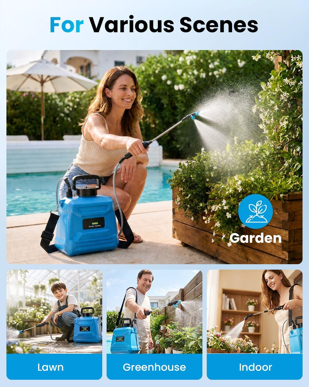 1.3 Gallon Battery Powered Garden Sprayer, Electric Plant Sprayer | 5 Spray Modes, Adjustable Extension Wand, USB-C