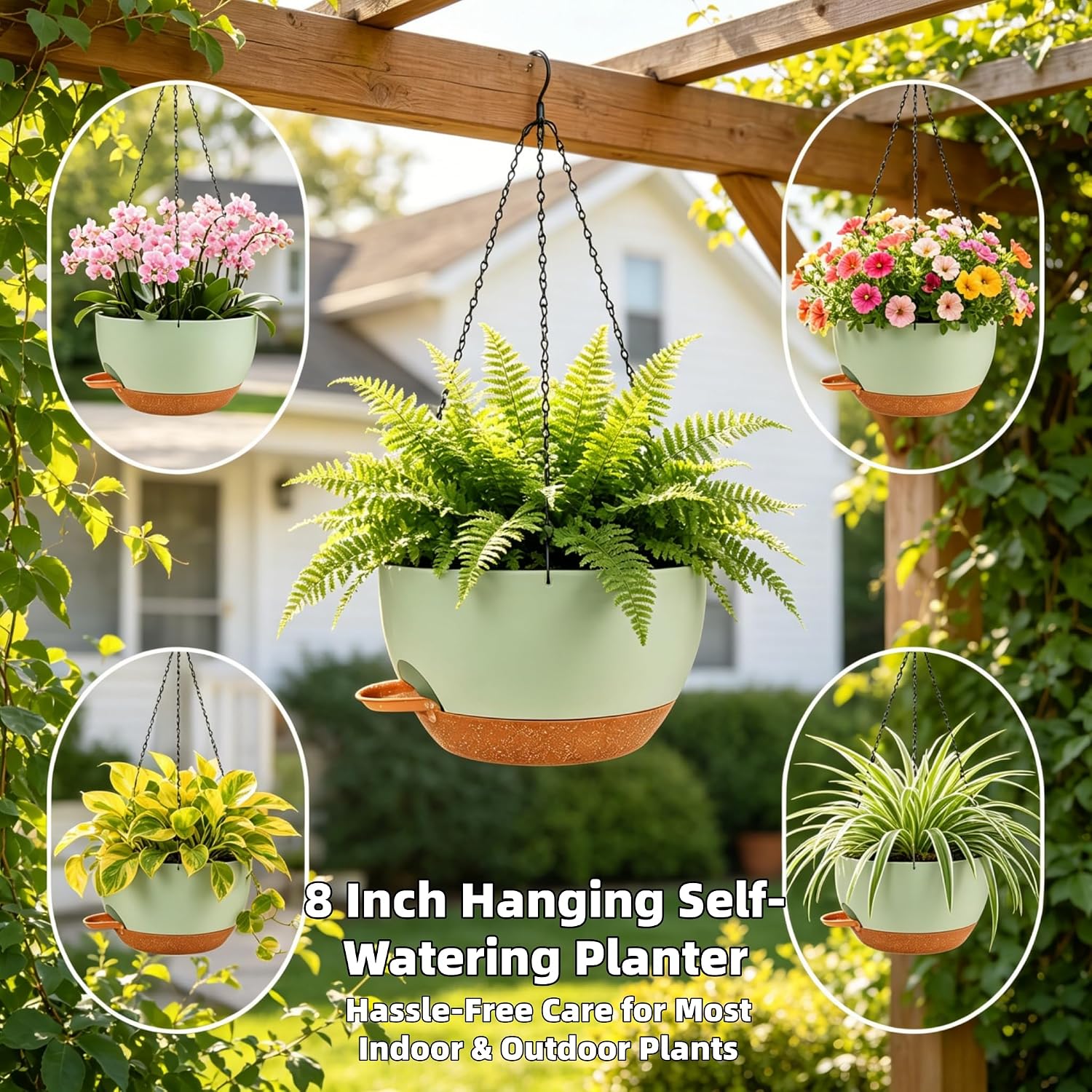 Set of 4-8 Inch Self Watering Hanging Planters for Indoor Outdoor，Hanging Plant Pots with Drainage & Removable Tray