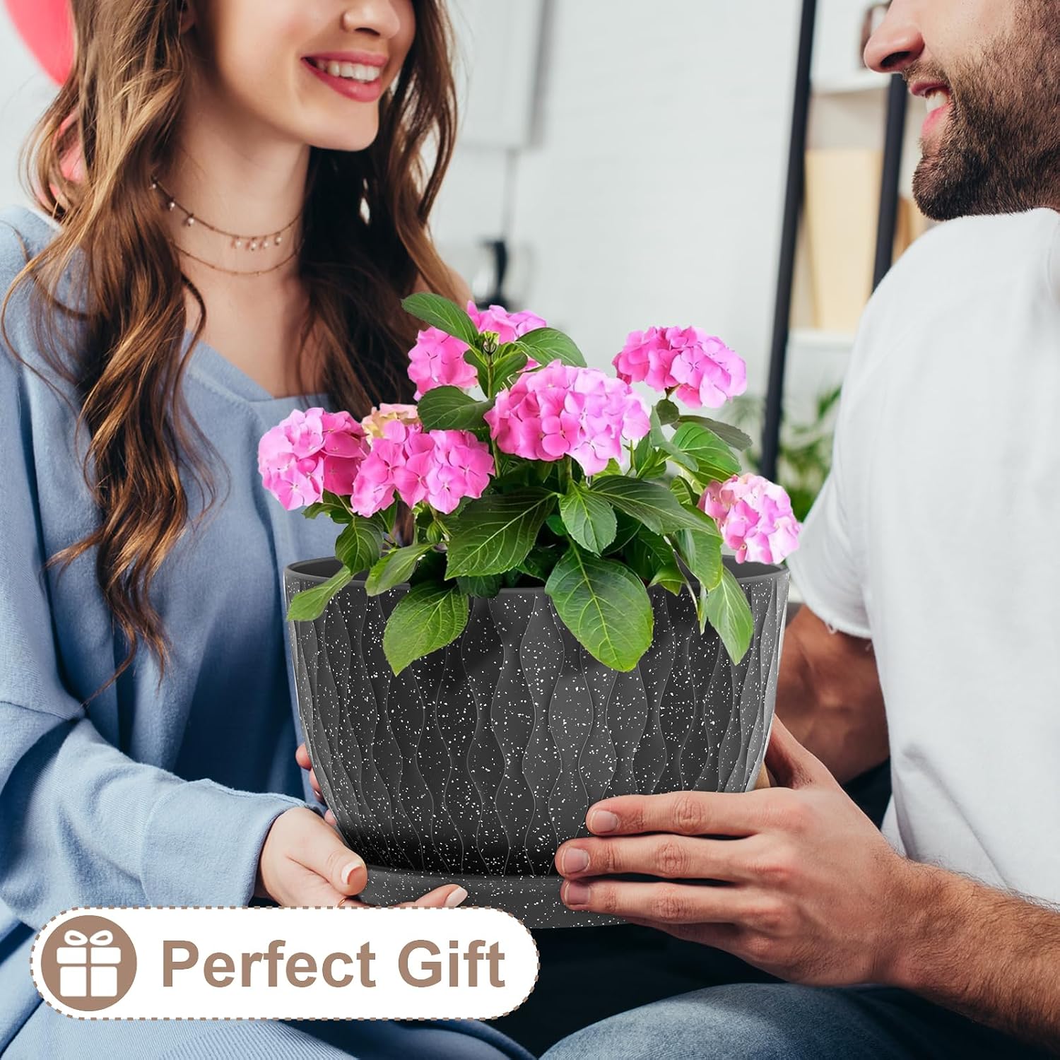 WSMKSZ 12 Inch Wide Water Ripples Flower Pots for Indoor or Outdoor Plants, Large Plant Pots with Drainage Holes &