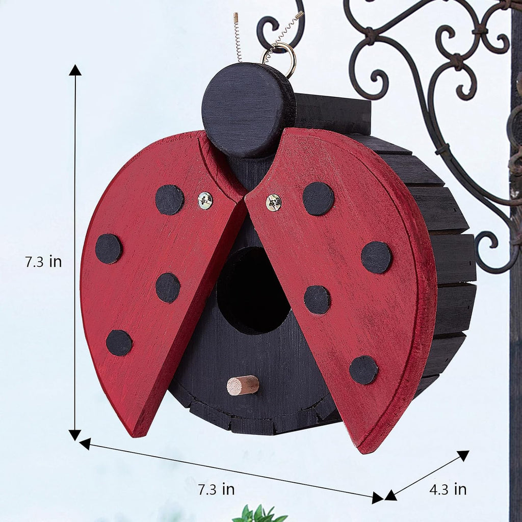 Bird Houses for Outside - Wooden Hanging Bird House - Ladybug-Shaped Birdhouse for Finches, Wrens, Cardinals - Outdoors