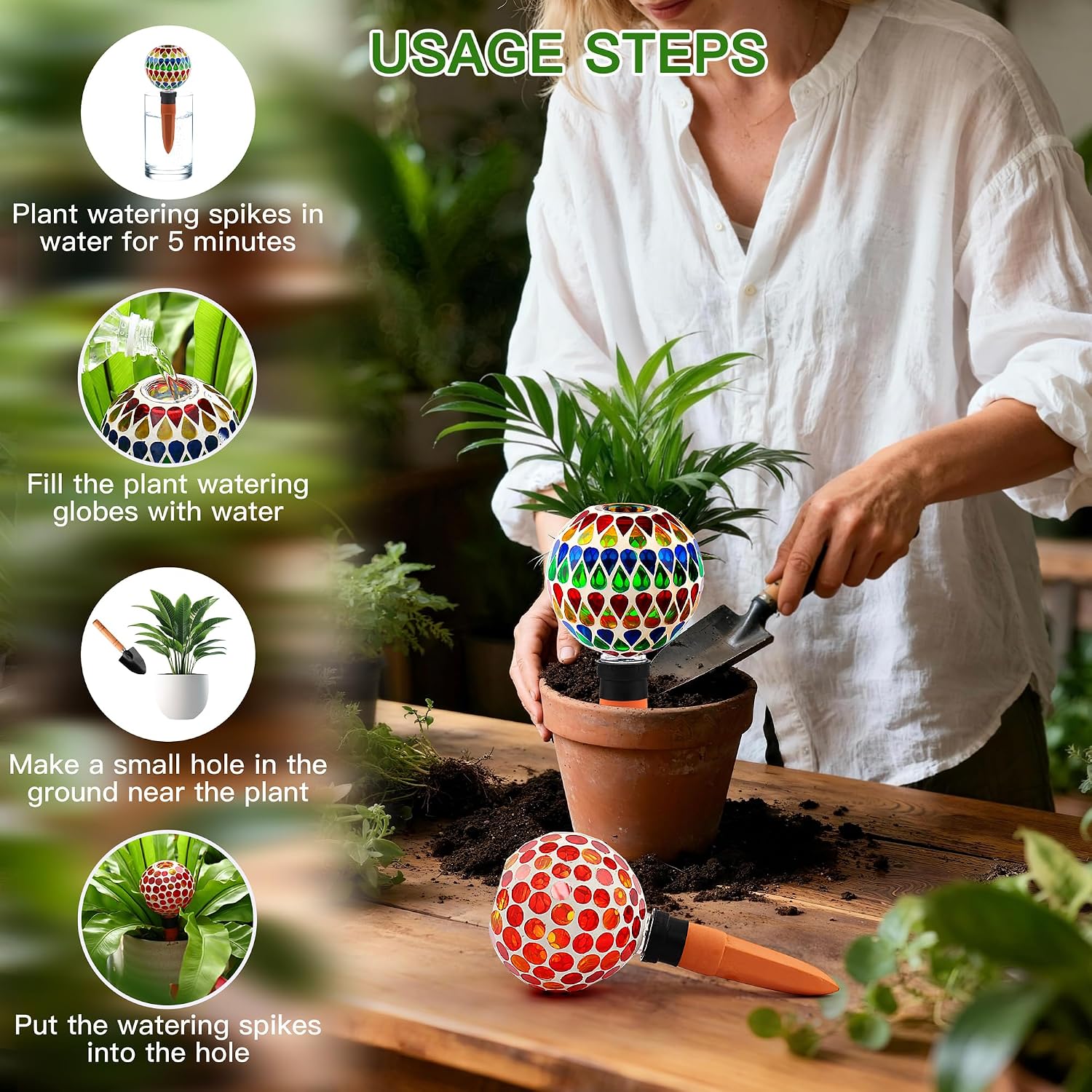 SAVENNA Mosaic Plant Watering Globes with Terracotta Spikes, 17oz Glass Self Watering Globes for Indoor & Outdoor