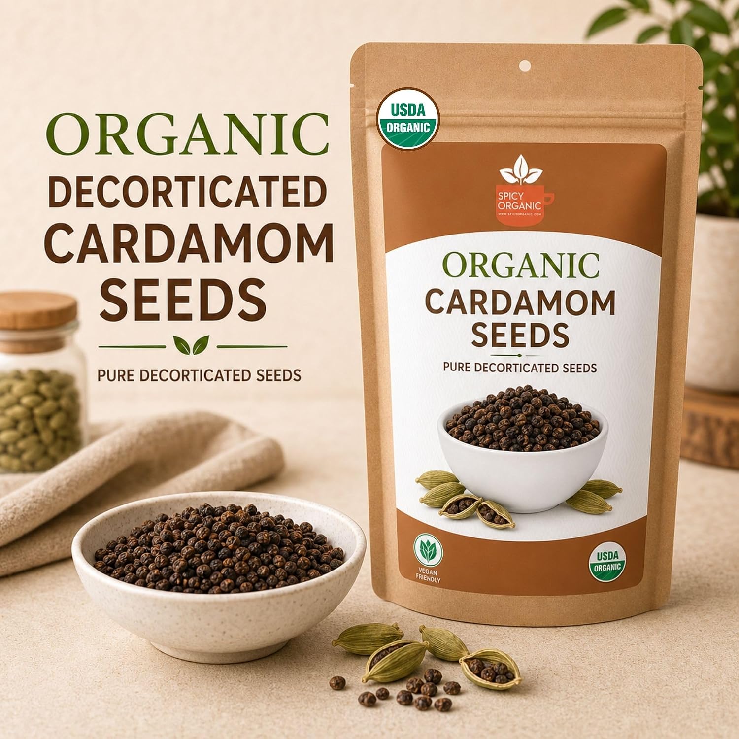 SPICY ORGANIC Premium Decorticated Organic Cardamom Seeds – 100% USDA Organic - Perfect for enhancing the taste of a