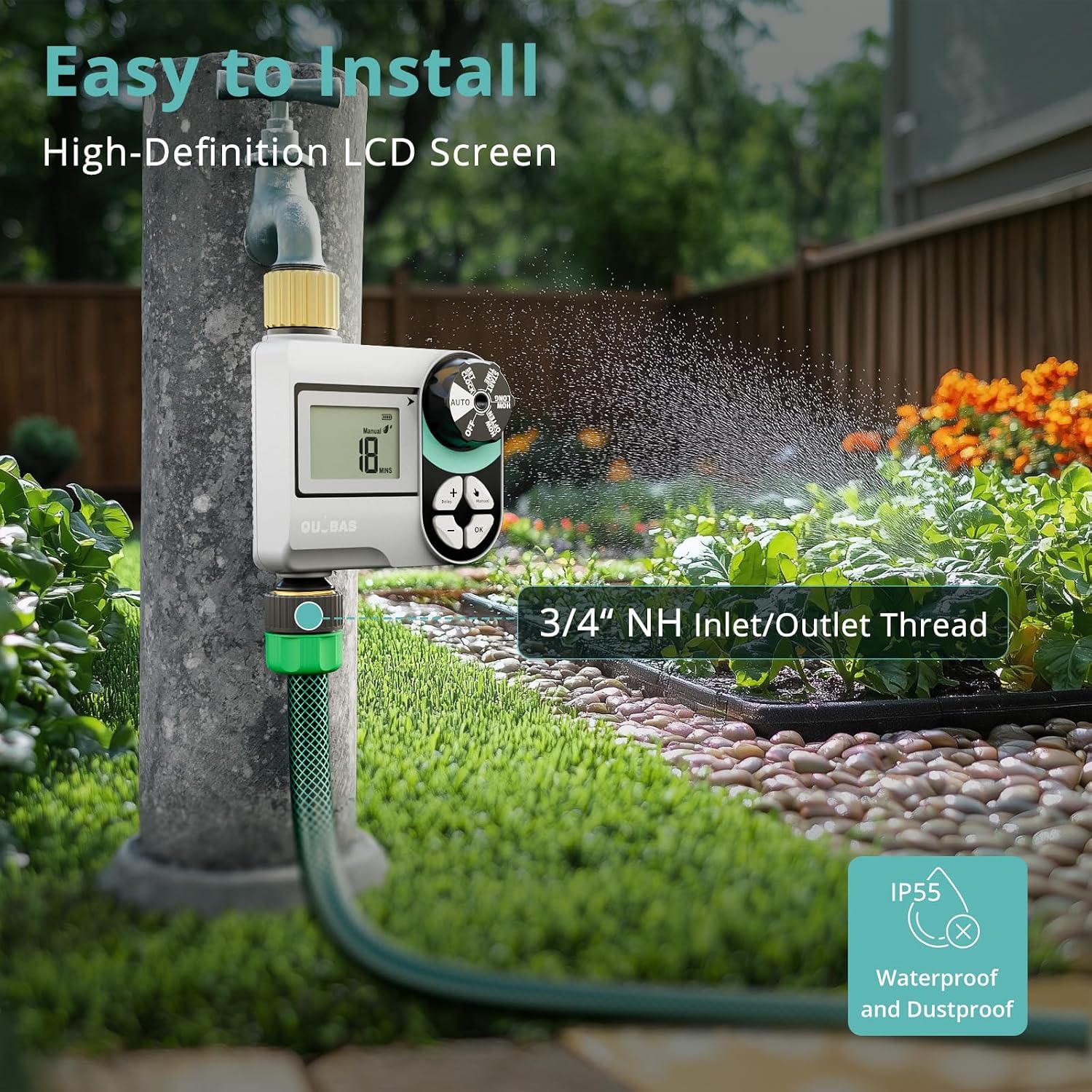 QUOBAS Brass Sprinkler Timer, Programmable Water Hose Timer for Garden Hose | Faucet Timer with Waterproof HD Screen
