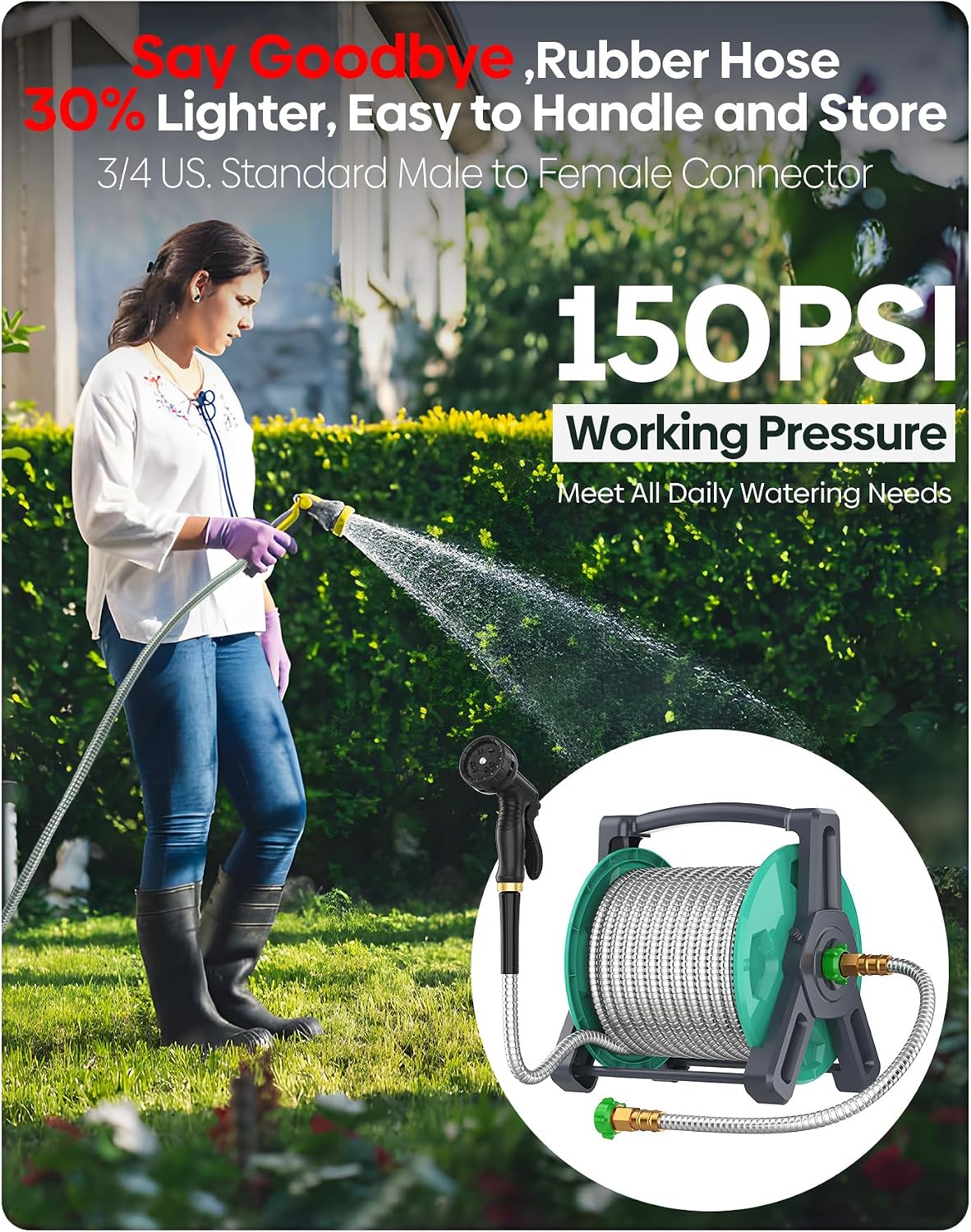 BlueGarden Metal Garden Hose 50 ft with 10 Function Nozzle,No Kinking,Flexible,Heavy Duty & Lightweight Water
