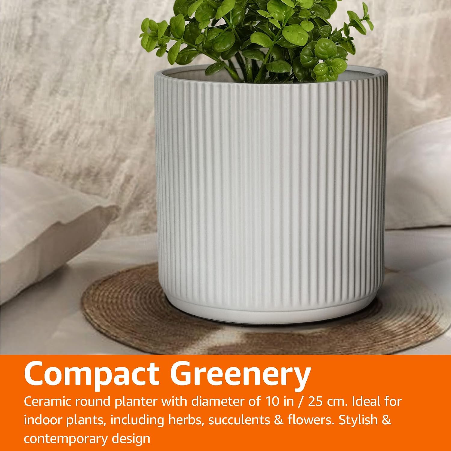 Amazon Basics Fluted Ceramic Planter Pot for Indoor Outdoor Plants, Round Flower Pot with Drainage Hole, 10-inch, White