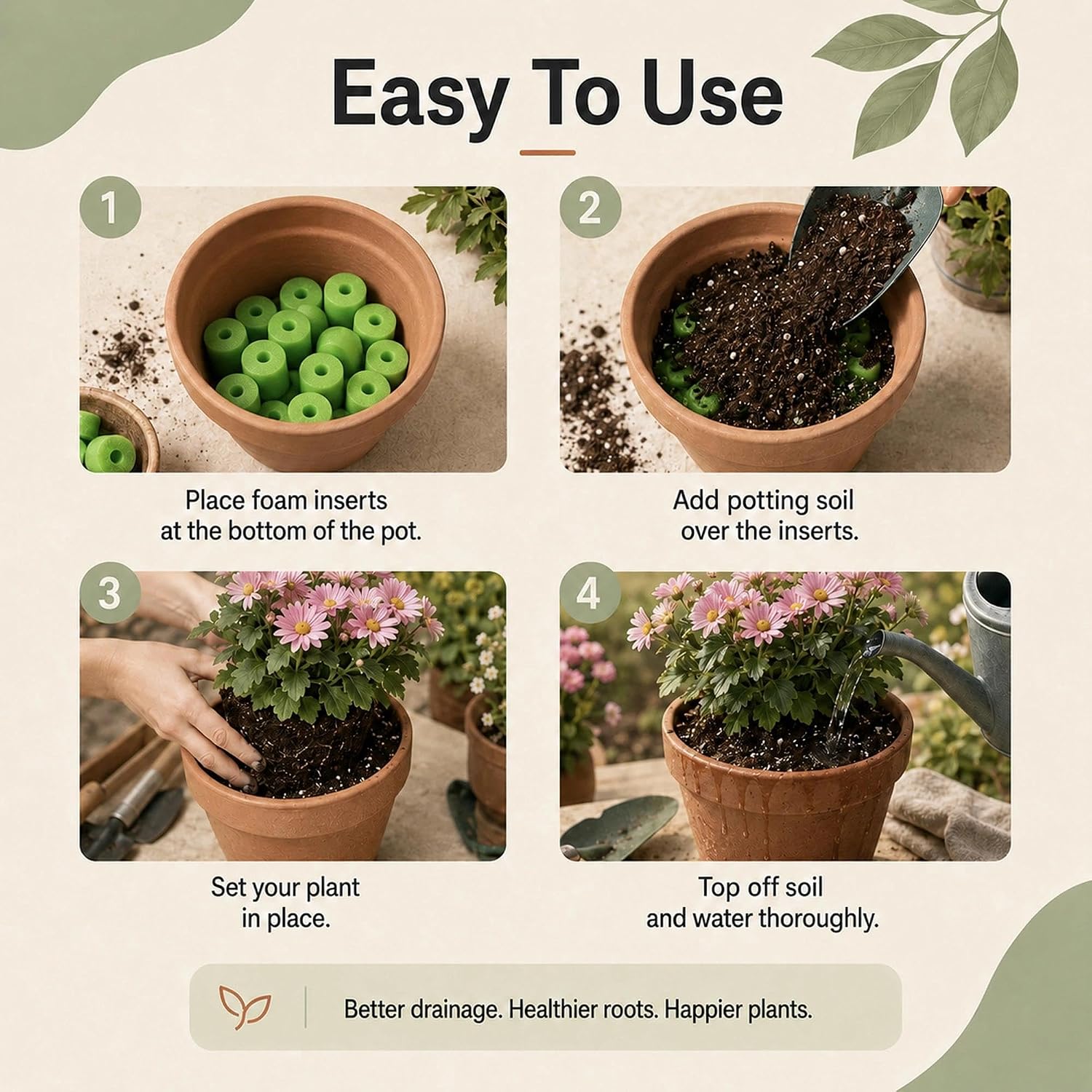 50 Pack Planter Drainage Inserts, Flower Pot Foam Inserts for Outdoor Planters, 50mm Foam Planter Filler, Lightweight