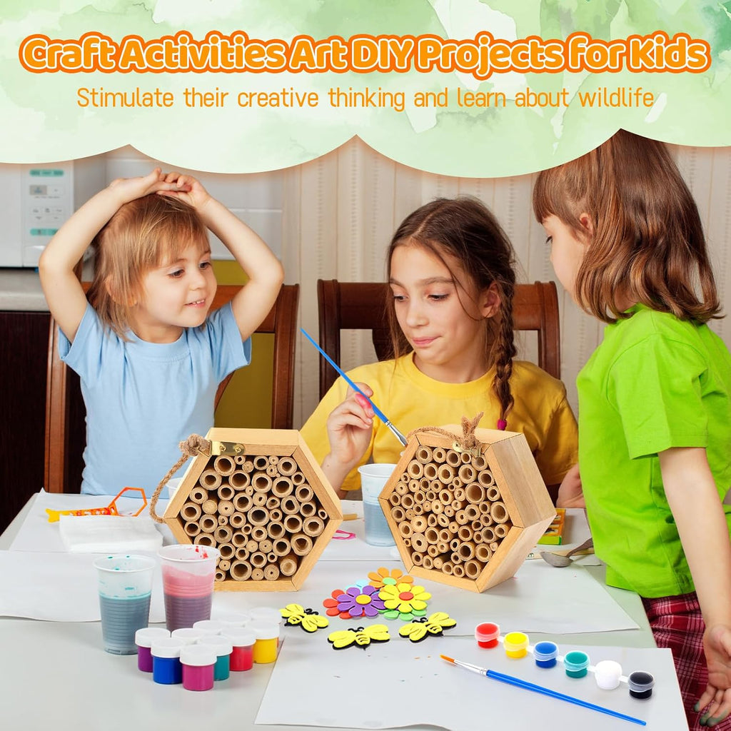 Leinuosen 6 Pcs Mason Bee House for the Garden with DIY Painting Kits and 6 Felt Bee 12 Felt Flower Natural Handmade