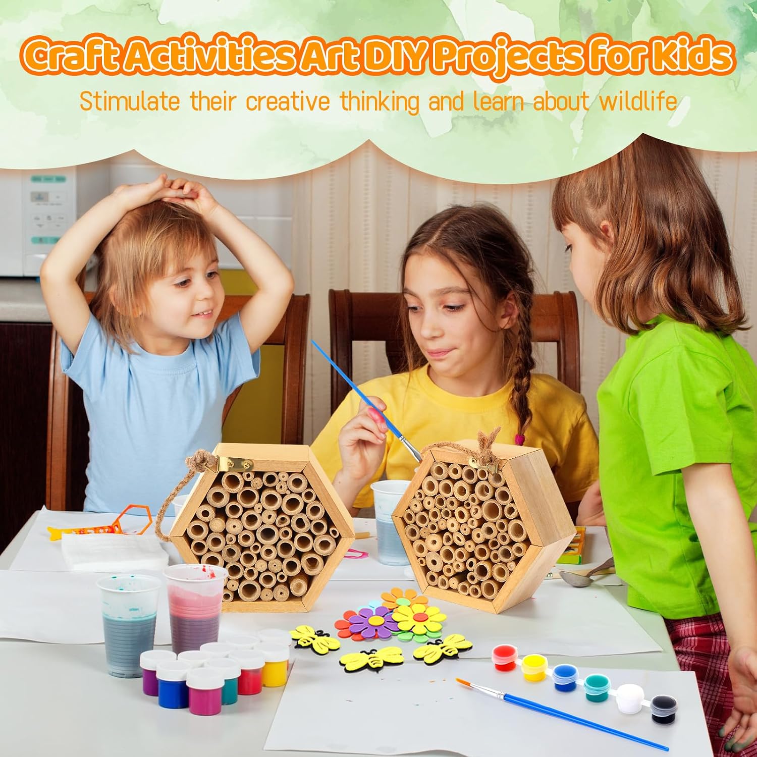 Leinuosen 6 Pcs Mason Bee House for the Garden with DIY Painting Kits and 6 Felt Bee 12 Felt Flower Natural Handmade