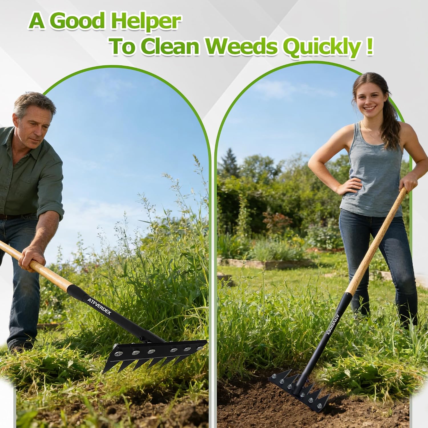 Gardenia Weeding Rake 2.0,60"Forged Iron Weeding Rake, Uproots Tough Weeds | Exclusive Double-Edged Thick 6-Tine Rake