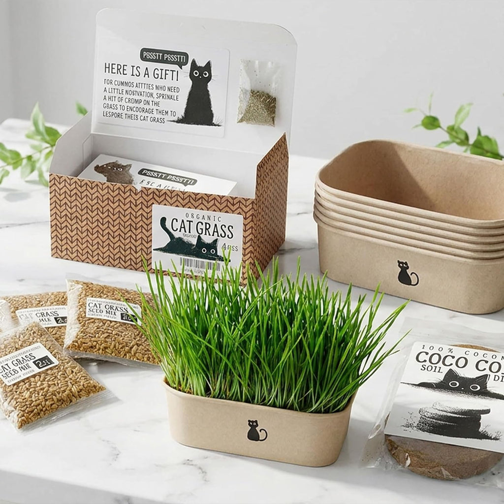 Cat Grass Grow Kit — 4-Batch Indoor Growing Set with Containers, Soil Disks & Seeds | Supports Digestion & Hairball