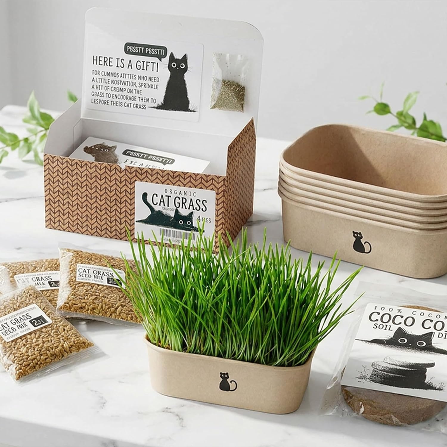 Cat Grass Grow Kit — 4-Batch Indoor Growing Set with Containers, Soil Disks & Seeds | Supports Digestion & Hairball