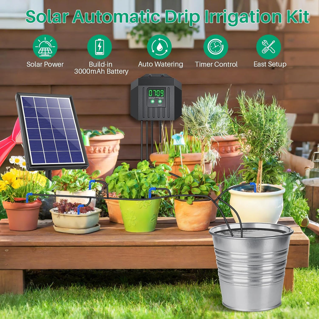 4W Solar Drip Irrigation Kit for Outdoor Indoor Plants, Customizable Watering Duration 1–30min & Interval 3h–7d, Solar