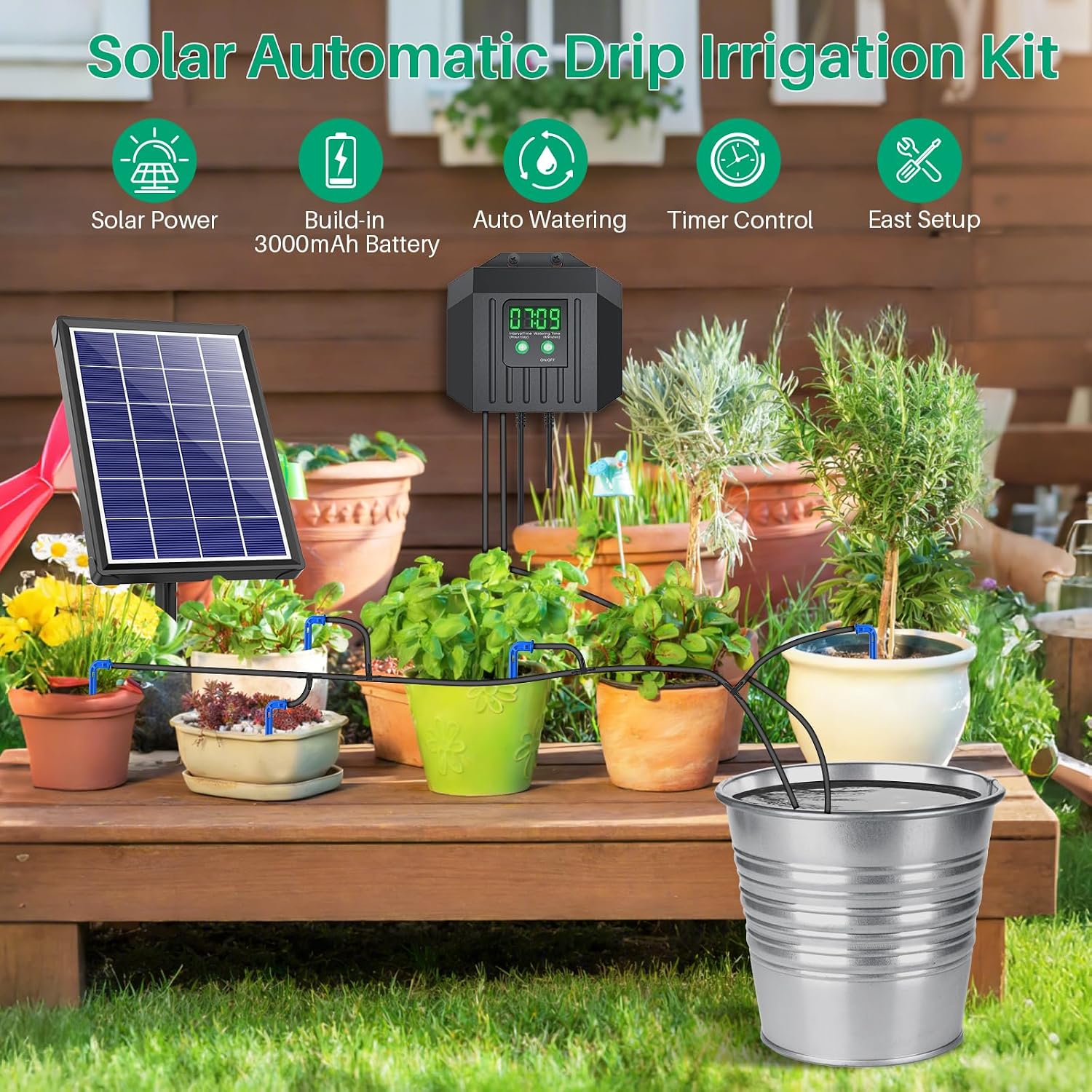 4W Solar Drip Irrigation Kit for Outdoor Indoor Plants, Customizable Watering Duration 1–30min & Interval 3h–7d, Solar