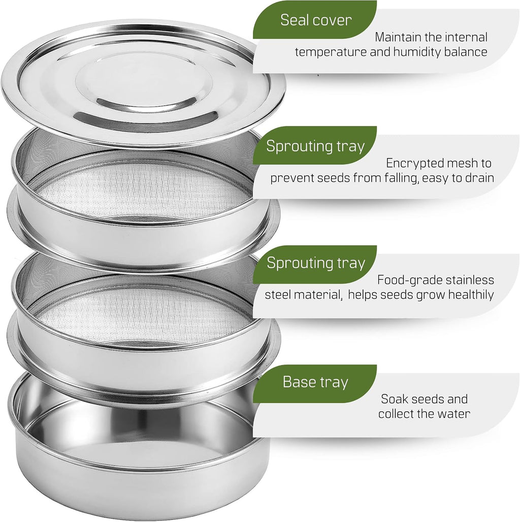 Stainless Steel Seed Sprouting Kit – 7,9'' Stainless Steel Sprouting Tray Round 3-Tier Seed Gardening Planter for