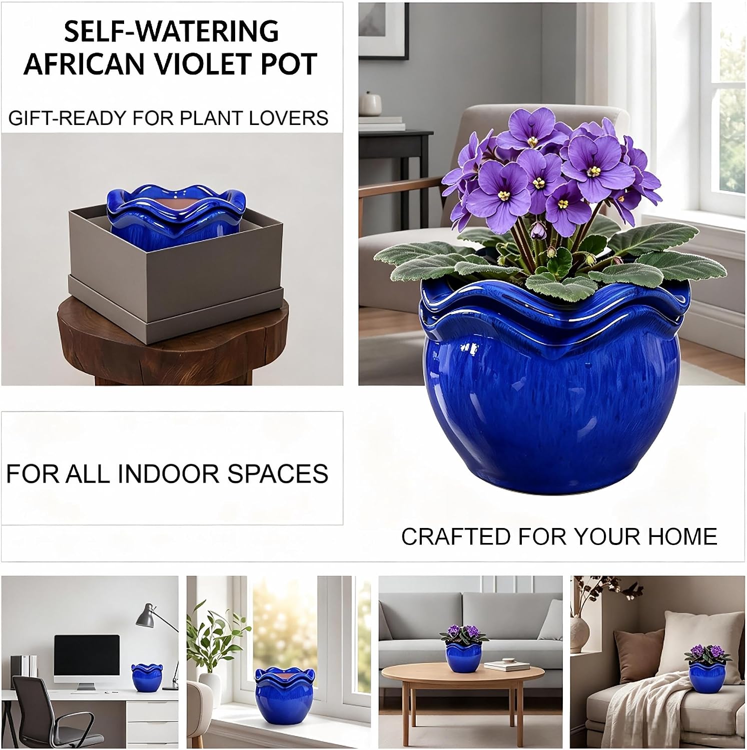 Ceramic Self-Watering African Violet Pots for Indoor Plants | 6.5 inch, Falling Blue, reactive glaze, self-watering