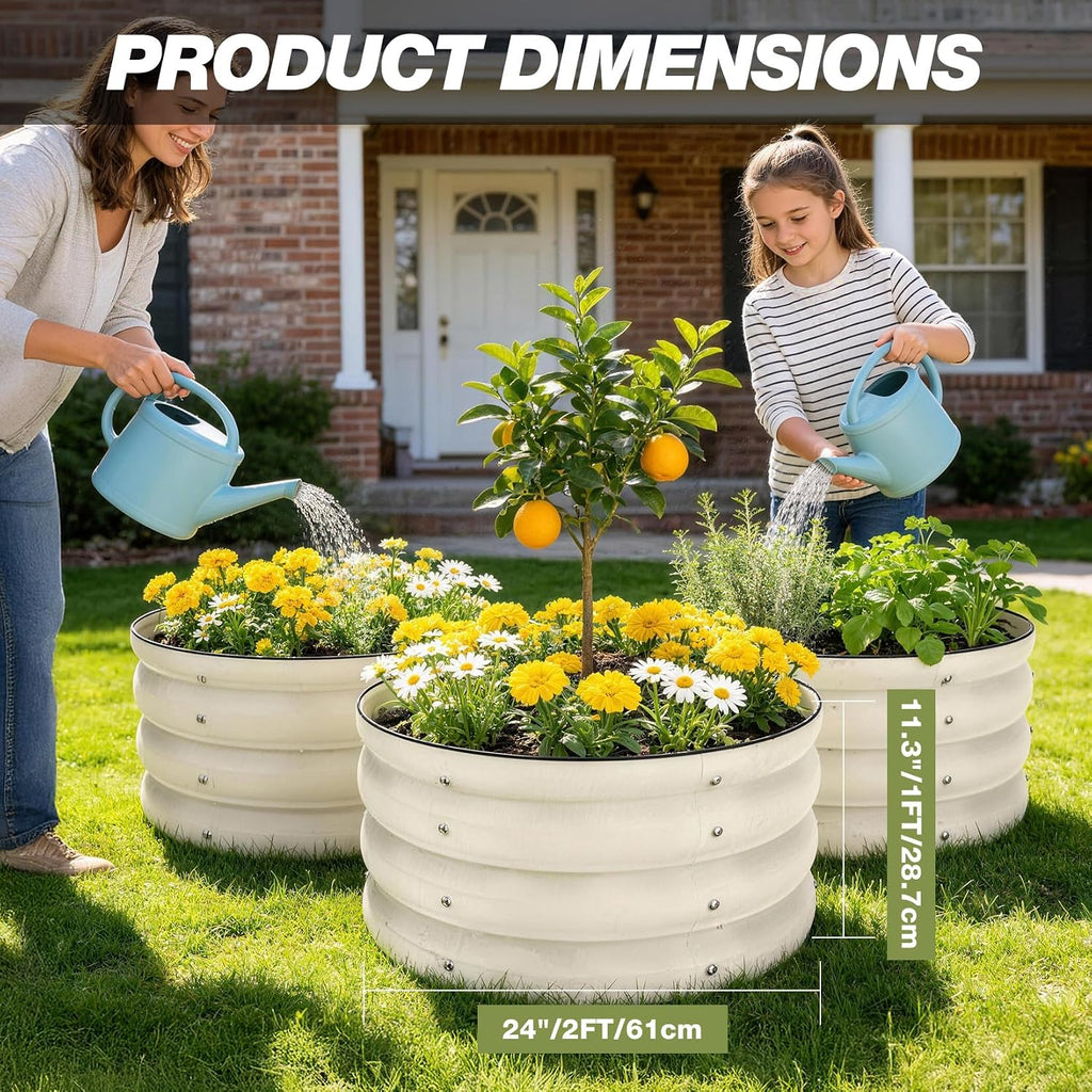 SHALL 3PCs Galvanized Raised Garden Bed Kit, 2x2x1ft Round Planter Boxes Outdoor W/Mini Seed Spreader, Disk Seeder, 2X