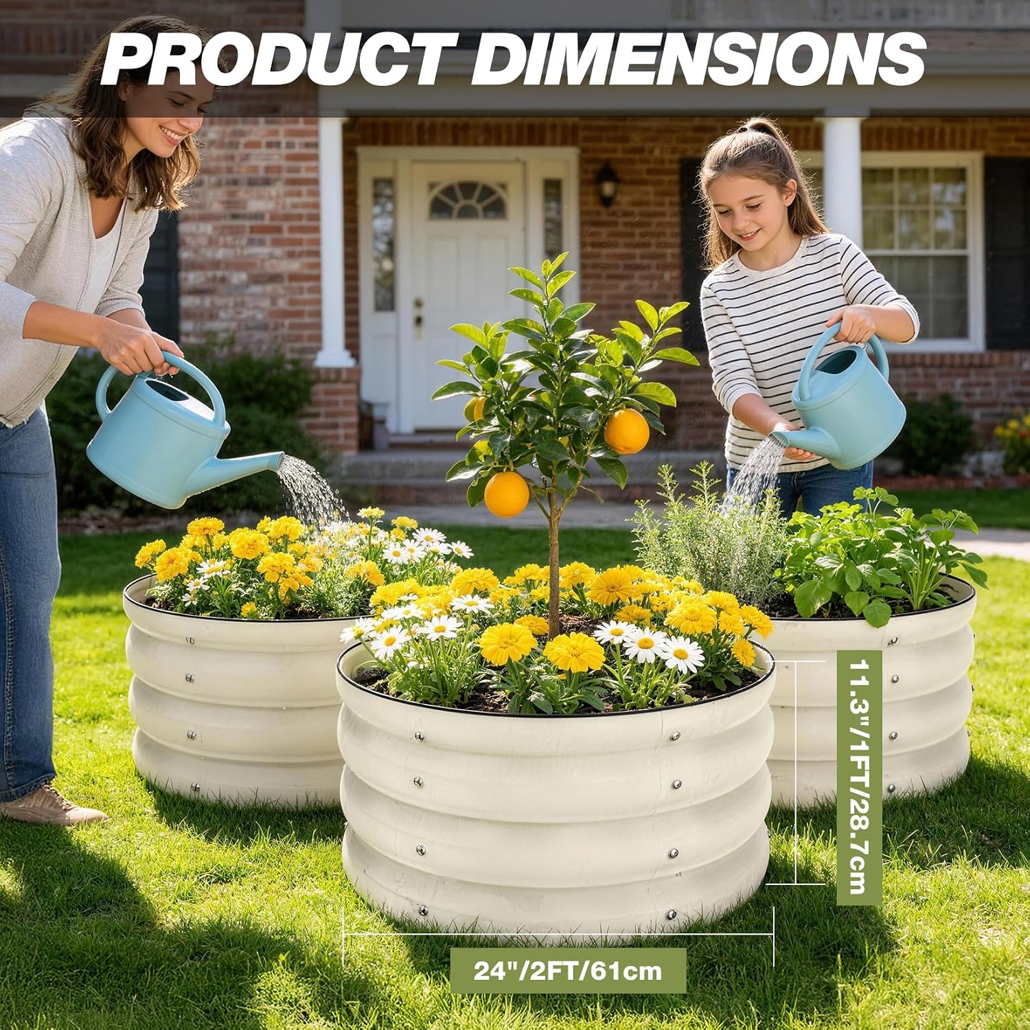 SHALL 3PCs Galvanized Raised Garden Bed Kit, 2x2x1ft Round Planter Boxes Outdoor W/Mini Seed Spreader, Disk Seeder, 2X