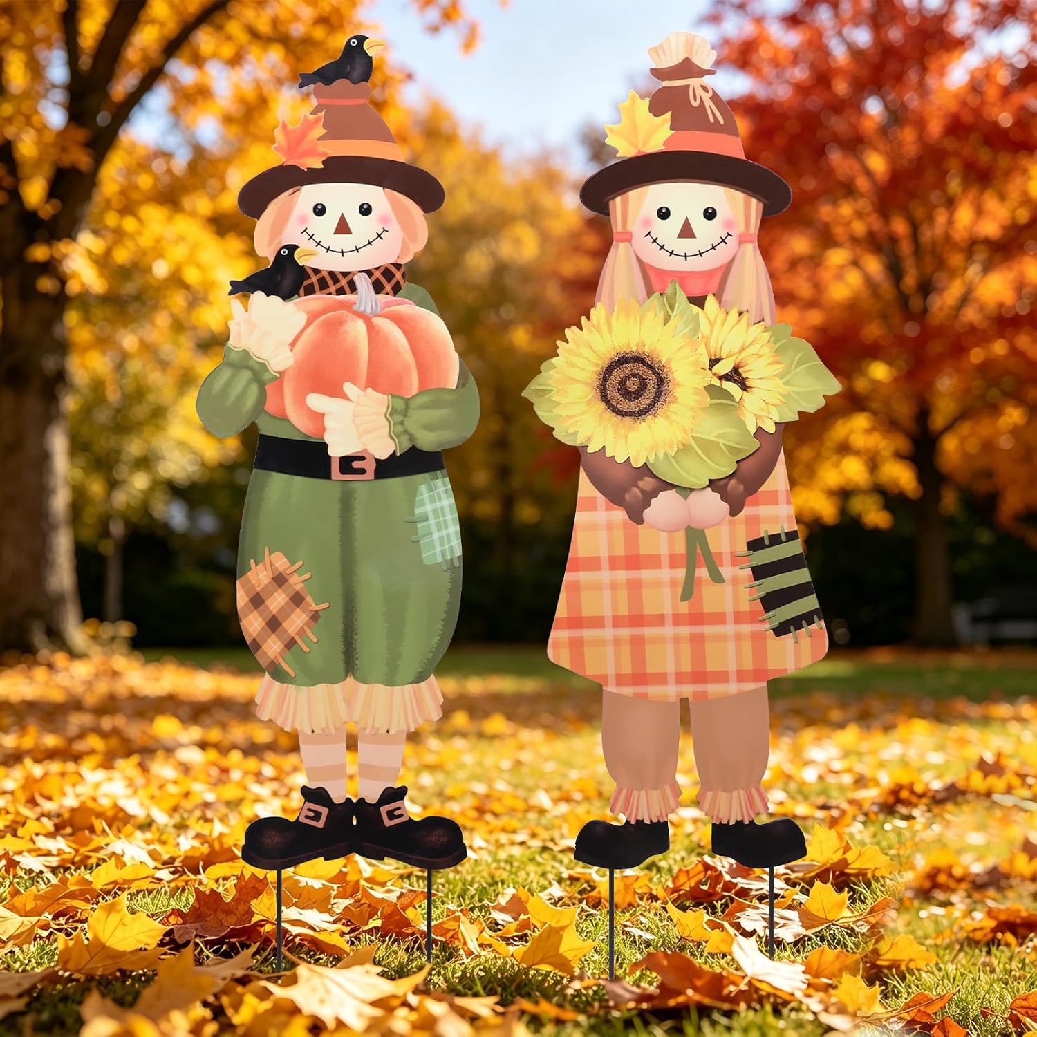 Fall Scarecrow Garden Yard Stake Set of 2,Thanksgiving Outdoor Decor | Weatherproof, Rustic Metal Stake, Fall Harvest