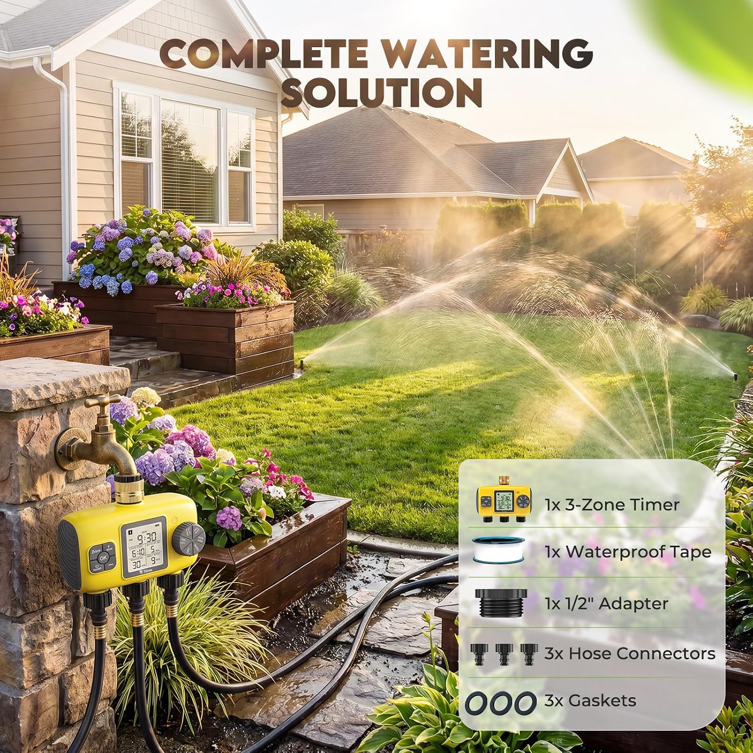 3 Zone Sprinkler Timer for Garden Hose, Brass Inlet Yard Irrigation | Programmable Auto & Manual Water Timer with LCD