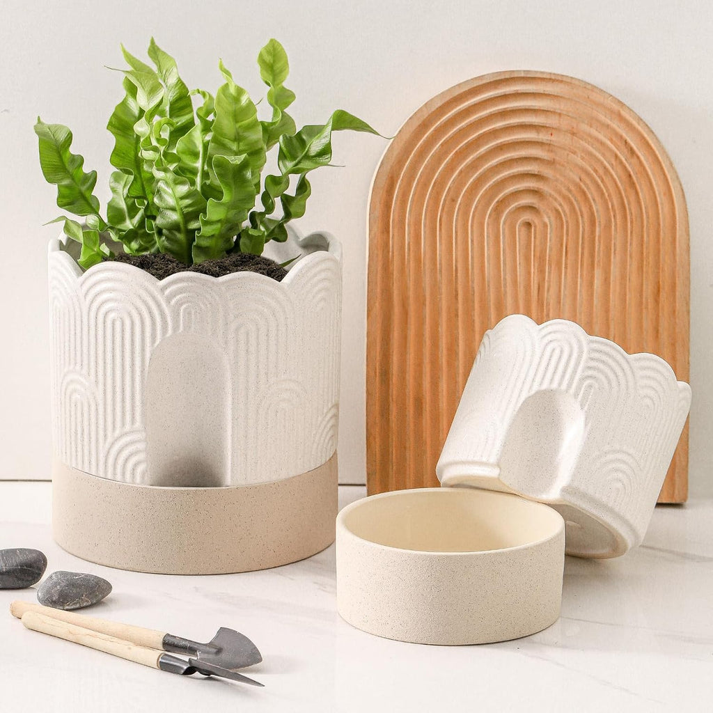 Nihow Ceramic Self Watering Pots for Indoor Plants, 6 Inch,Beige | Visible Water Level Fill Port,Planter with Cotton