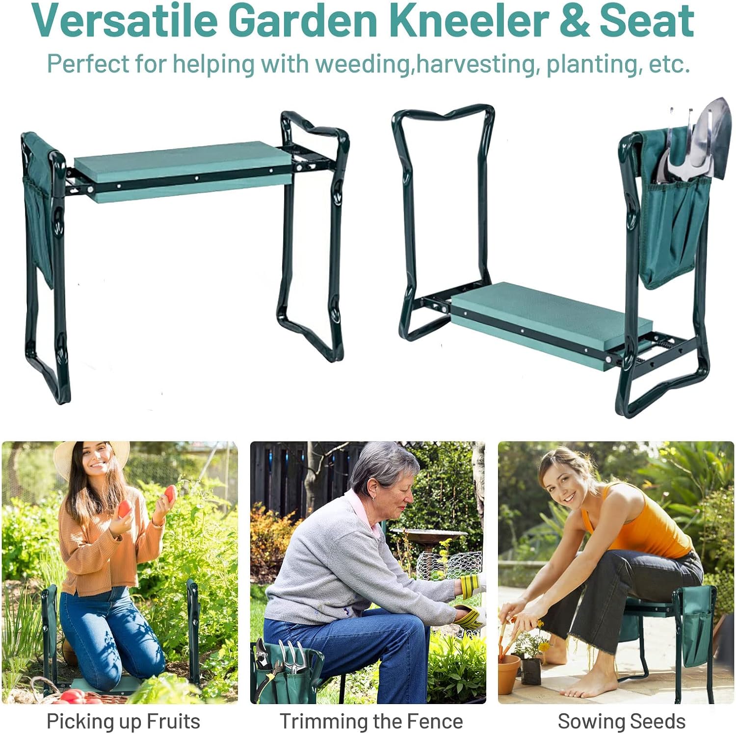 2-in-1 Garden Kneeler & Seat, Folding Seat w/EVA Foam Kneeling Pad & Removable Tools Pouch, Sturdy Steel Frame, No