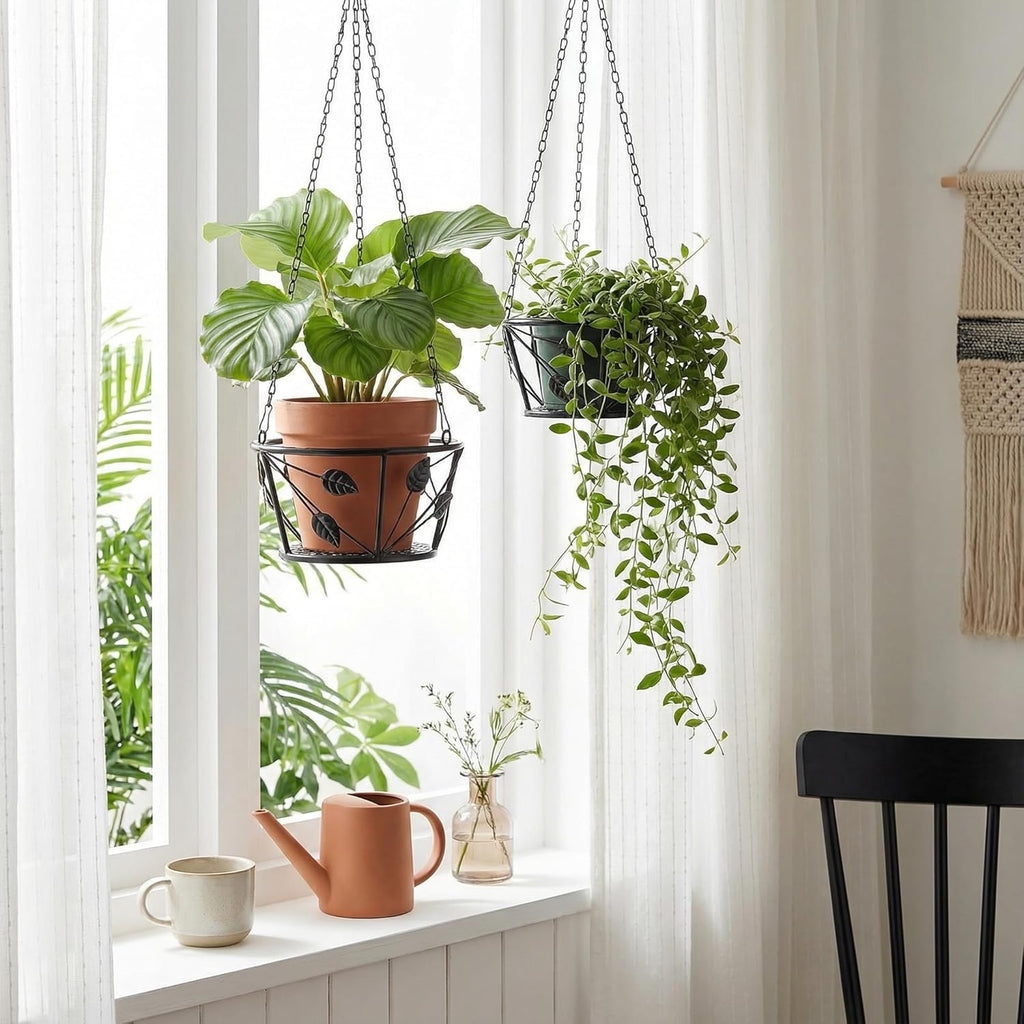 Goaste 2 Pack Metal Plant Hanger, Hanging Plant Holder with Ceiling Hook, Modern Plant Hanging Basket, Decorative