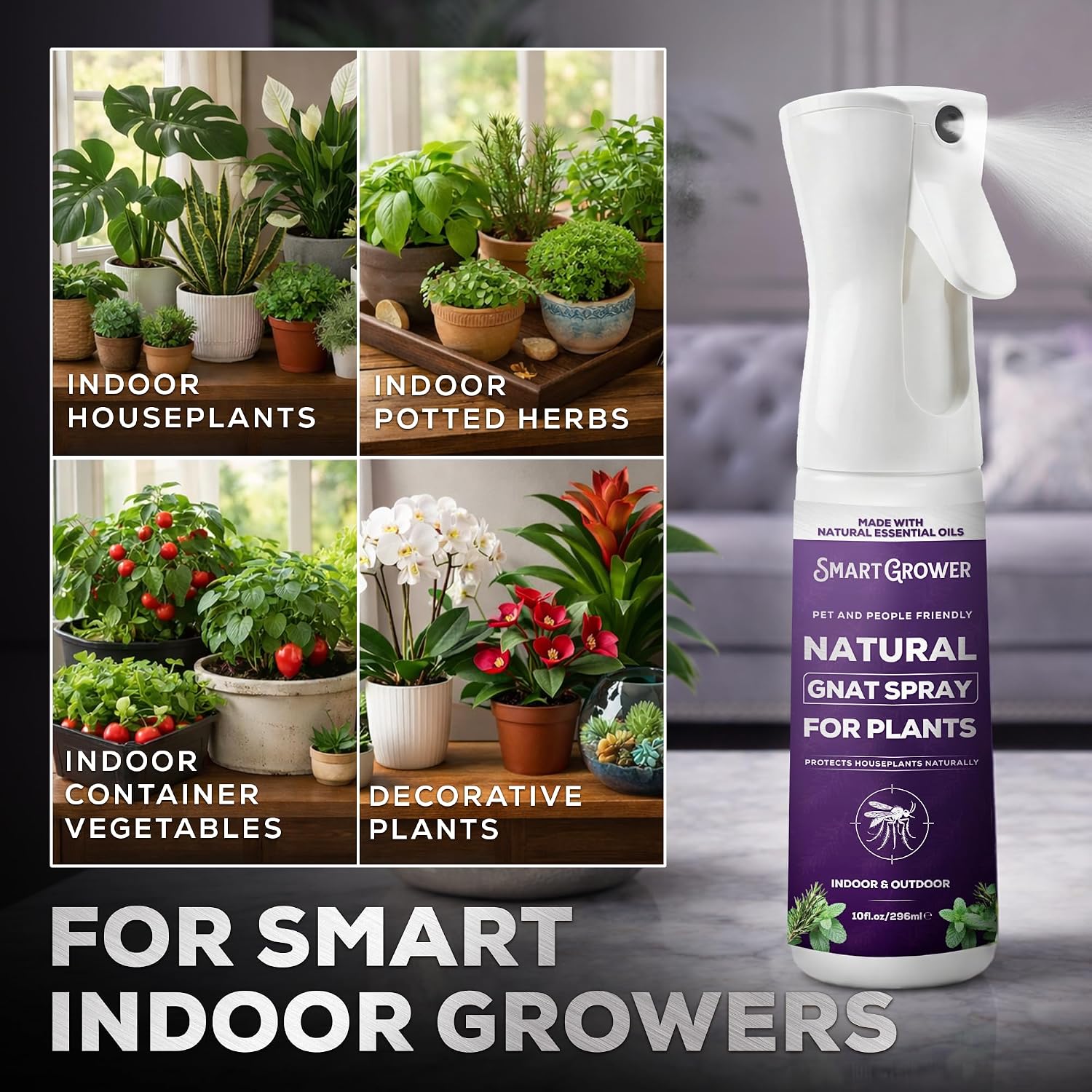 Natural Gnat Spray for Plants, Continuous Fine Mist, 10oz | Fungus Gnat Killer, Refillable, with Essential Oil Formula
