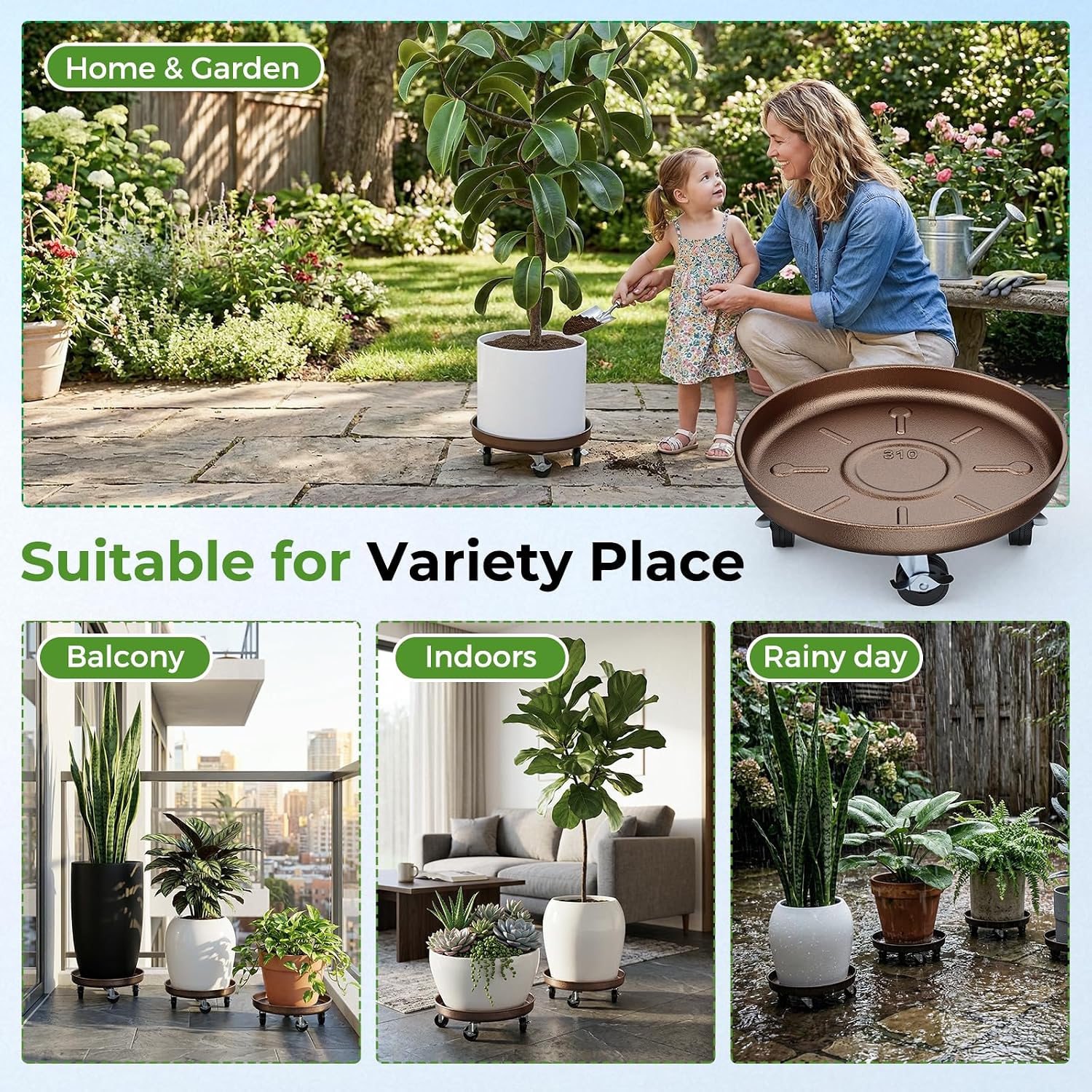 Plant Caddy With Wheels 13" Metal Plant Saucers for Indoors 350 Lb Capacity | Rolling Plant Stand, 360° Locking Casters