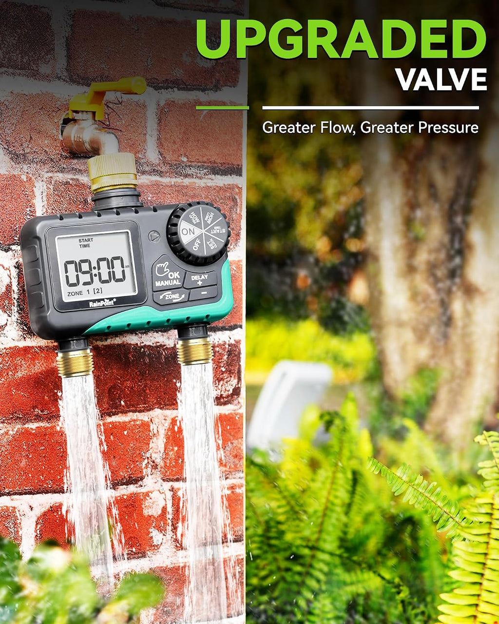 RAINPOINT 2 Zone Sprinkler Timer with Brass Inlet and Outlet - Water Timer for Garden Hose with Rain Delay/Manual