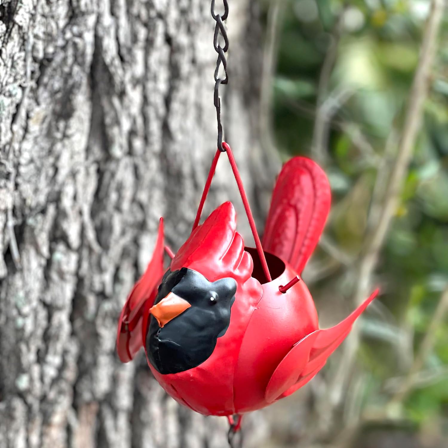 Red Cardinal Rain Chain, 85 Inch Metal with 7 Birds and Bell | Rustic Brown Finish, Three-Dimensional Designs, Each 5.5