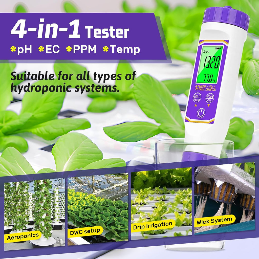 Smart pH Meter for Water pH and EC Meter for Hydroponics Nutrients | 4 in 1 Digital pH and PPM Tester for Reservoir
